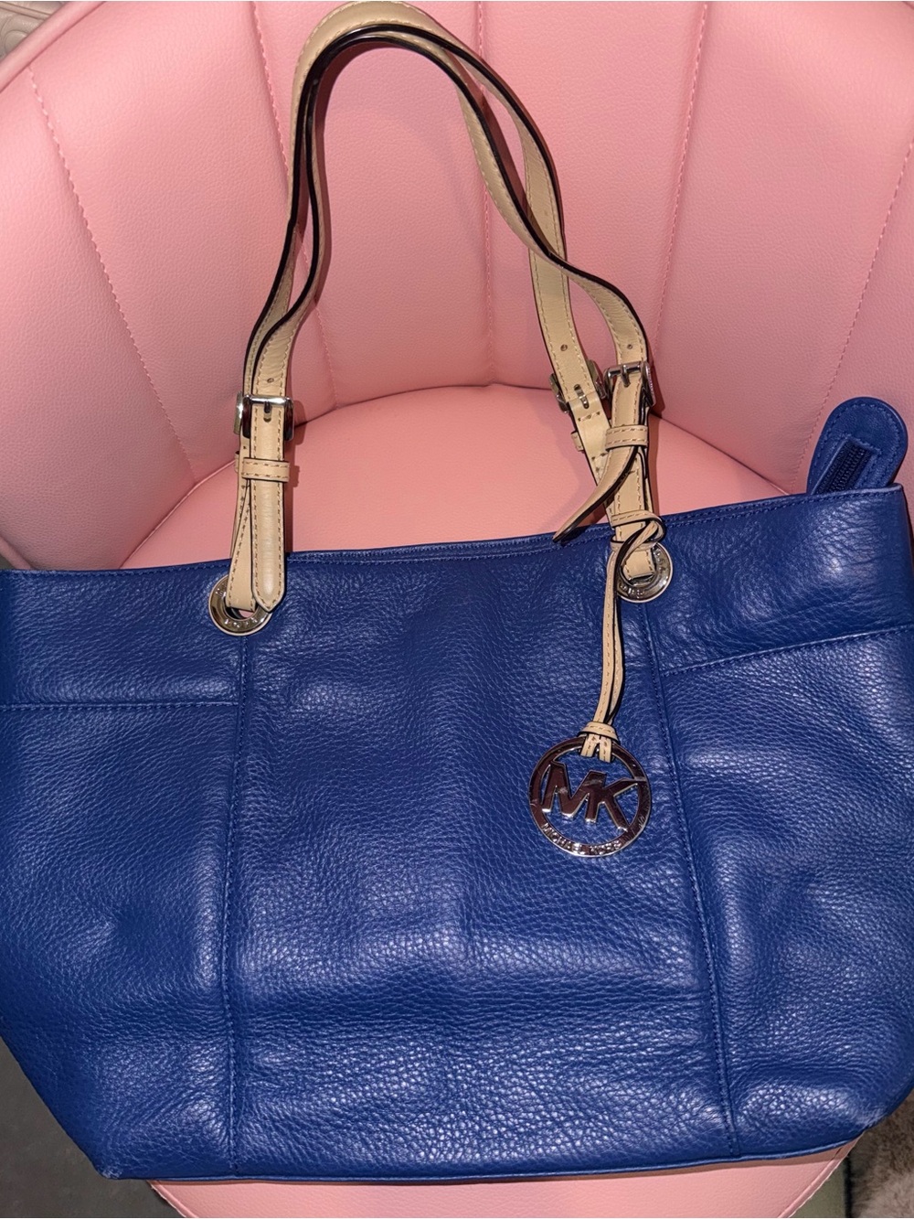 Michael Kors Royal Blue Leather Tote with Cream Straps